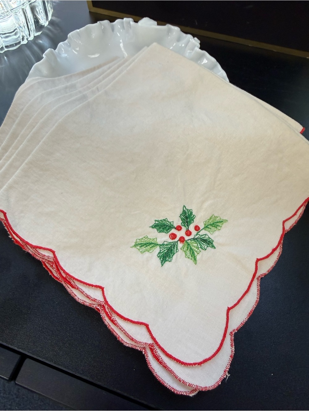 Embroidered Holly Cotton Holiday Napkins - Set of Six (6)